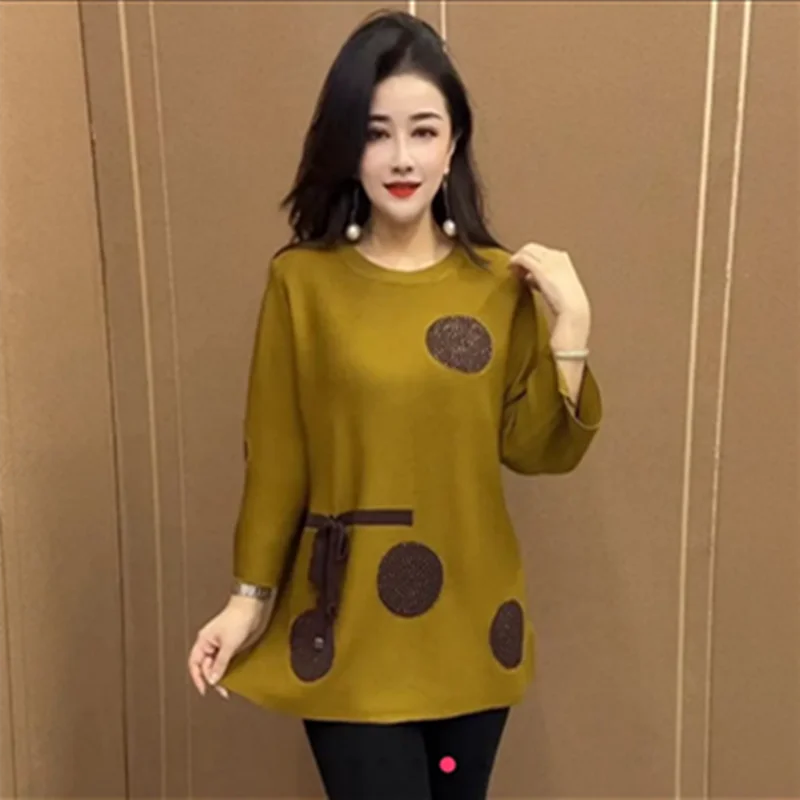 Women Autumn Fashion Polka Dots Print Lace-up Elegant Knitted Sweater Ladies O Neck Long Sleeve Loose Pullover Tops Tunic Jumper
