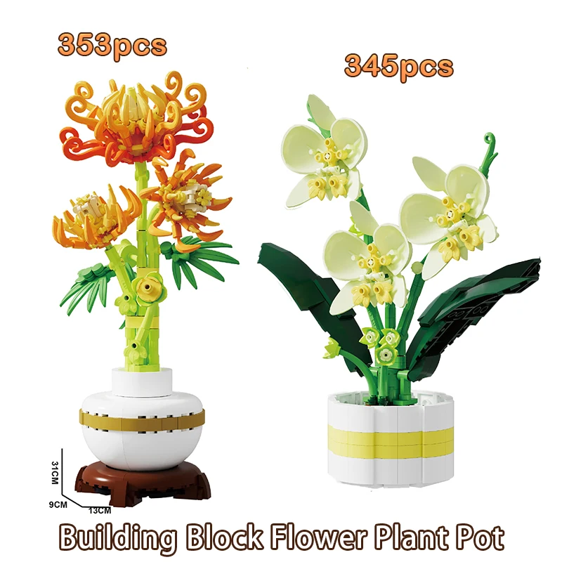 Flower Plant Pot Building Blocks Simulation Chrysanthemum Model Ornaments MOC Technical Bricks for Girl DIY Holiday Gifts