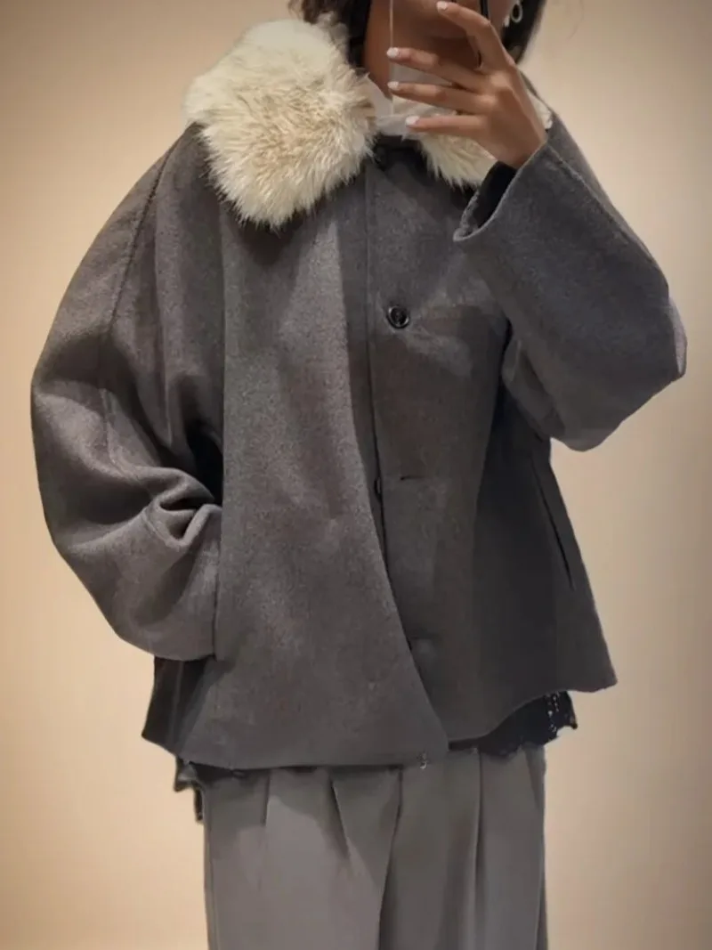 

Autumn Winter Fur Lapel Woolen Jacket for Women Brown Elegant New Fashion Elegant Women Faux Fur Effect Collar Jacket Coat