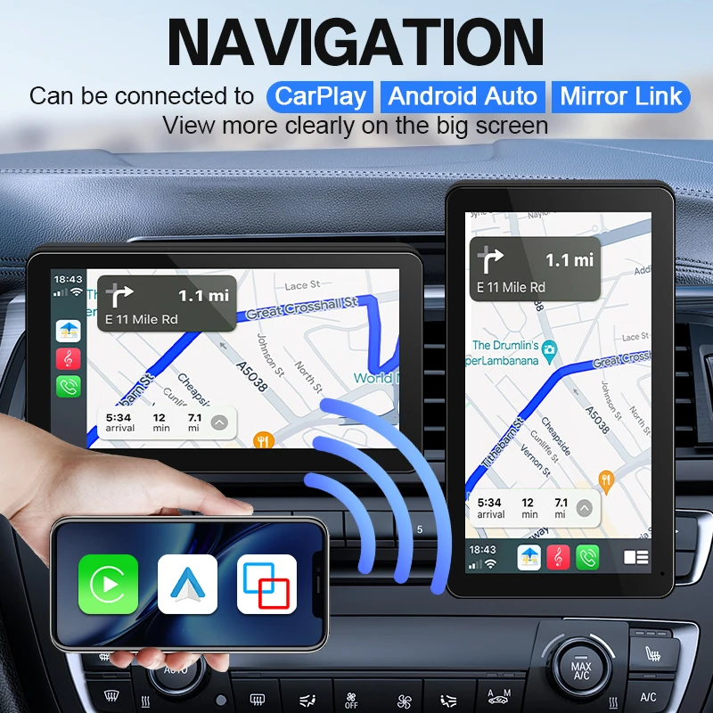 Hippcron 7 "راديو سيارة قابل للدوران لاسلكي Carplay أندرويد الملاحة التلقائية مشغل وسائط متعددة IPS شاشة تعمل باللمس USB مرآة بلوتوث