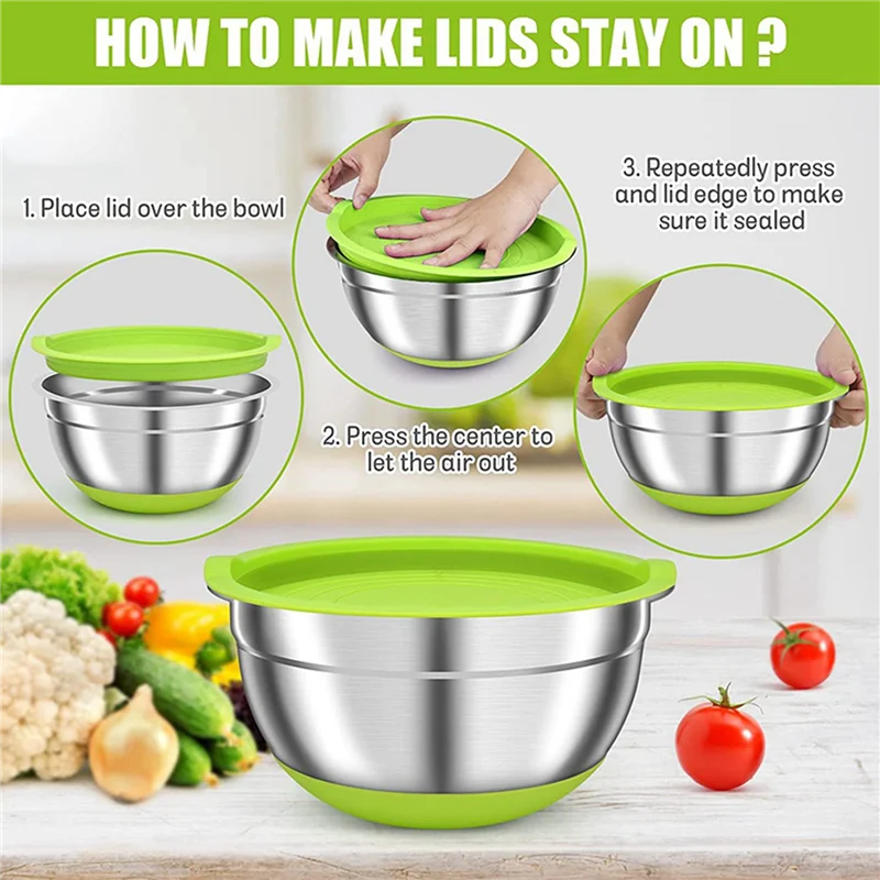 

AA81-6 Упаковка мисок для смешивания с герметичными крышками, красочные металлические миски из нержавеющей стали для кухни, нескользящий силикон