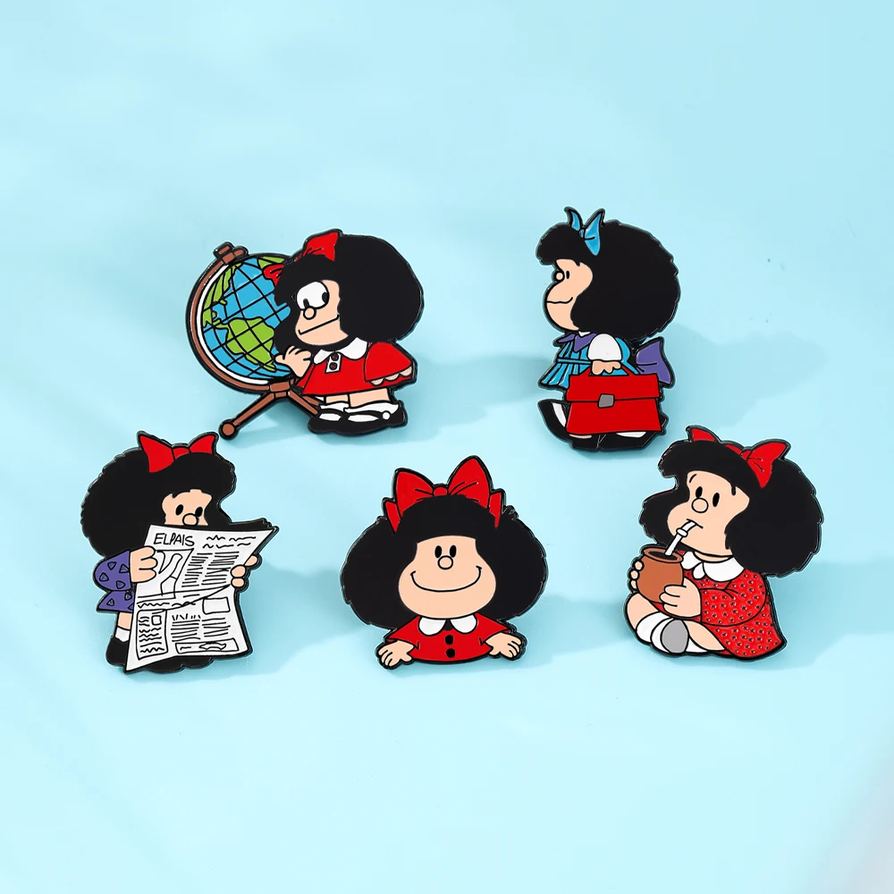 5 Peças Broche de Personagem Fofo Anime Mafalda, Pin de Esmalte Personalizado, Acessórios de Metal para Mochila, Roupa e Joias, Presente