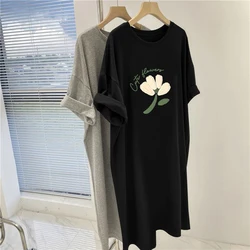 Women Chic Flower Printed Tunic Short Sleeve O-neck Comfortable Casual Pullover Dresses Summer Loose Cotton Dress