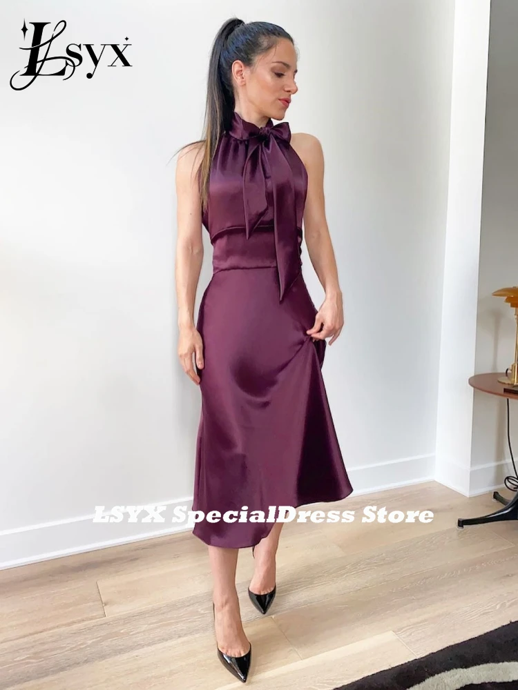 LSYX-Vestido de baile feminino de cor alta, simples, sexy, comprimento de chá, vestidos de festa formais, costas abertas, linha A, vestido de noite, 2023