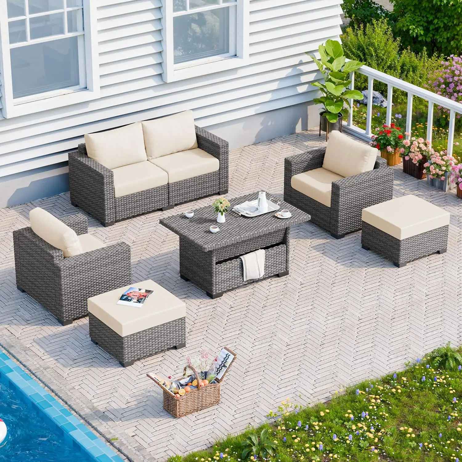 

Heavy Duty 6pcs Comfortable Wicker Rattan Outdoor Furniture Set w/ Soft Cushion & Storage Table, Patio Conversation Set,Beige