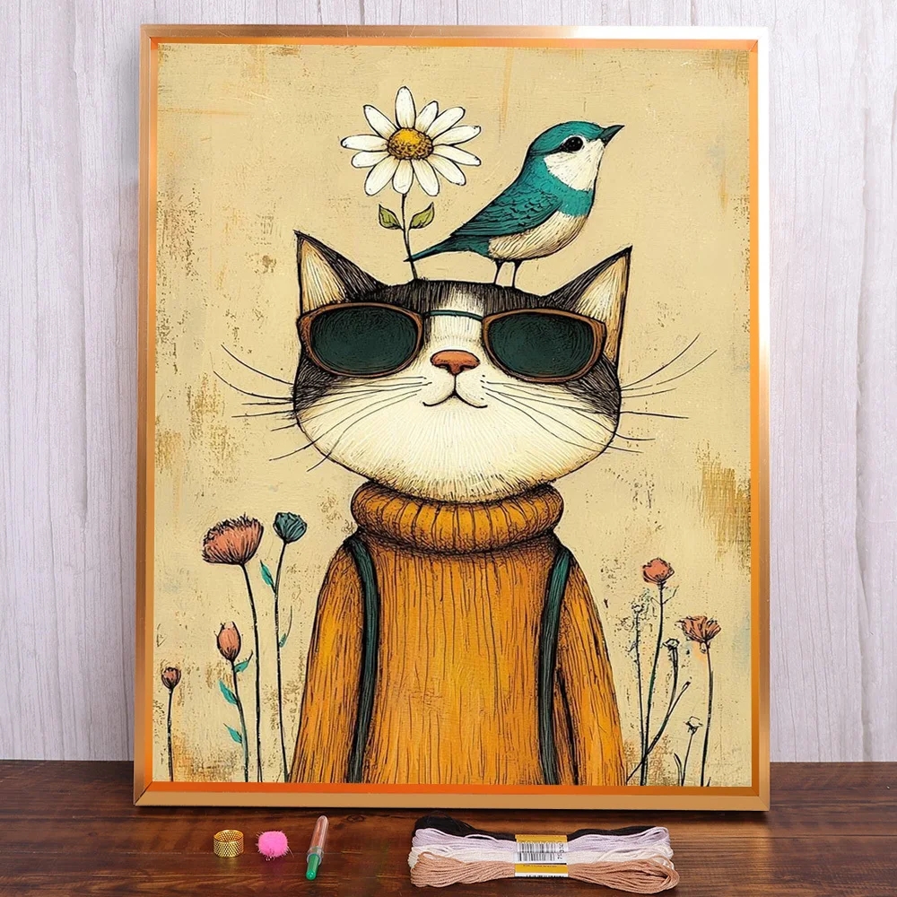 

Cartoon Cat Bird Pre-Printed Cross Stitch DIY Embroidery Full Kit Handmade Handicraft Needlework Handiwork Jewelry Magic Gift