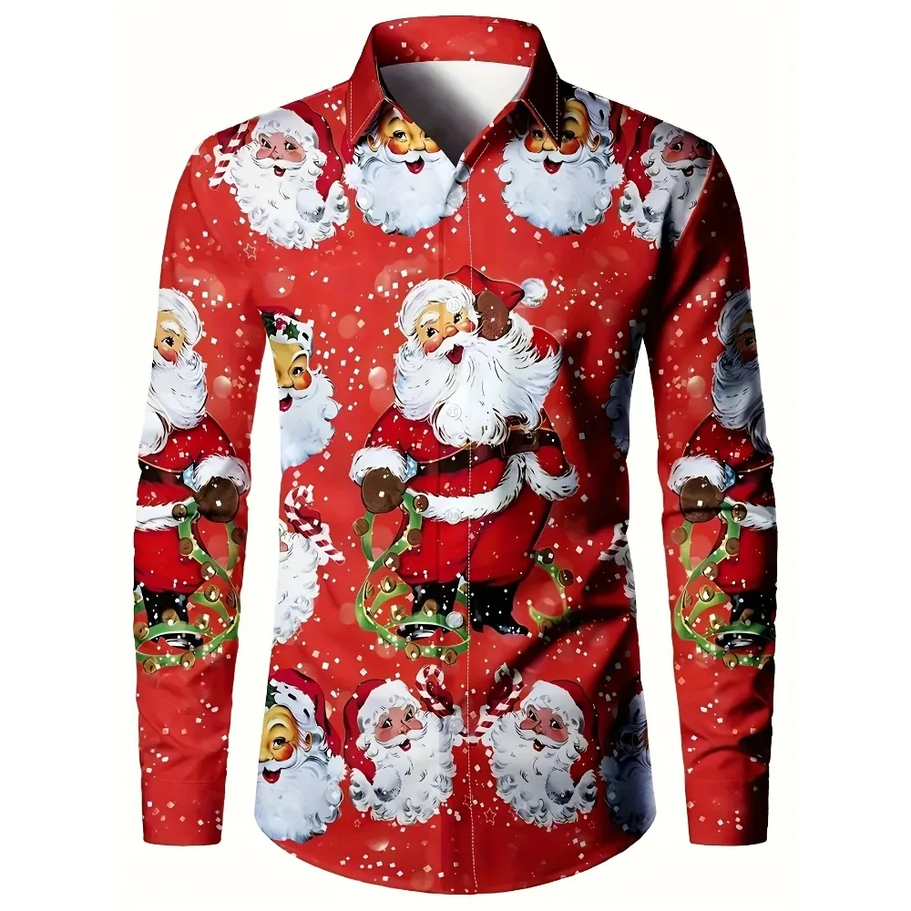 Men's Christmas Fashion Cartoon Illustrated Dress Shirt, Long Sleeved Button-Down Lapel Shirt For Casual Going Out And Party