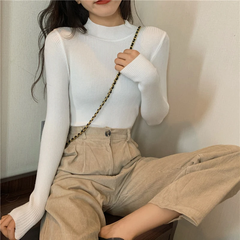 2024 Knitted Women High Neck Sweater Pullovers Turtleneck Autumn Winter Basic Women Sweaters Slim Fit Black Pull Femme