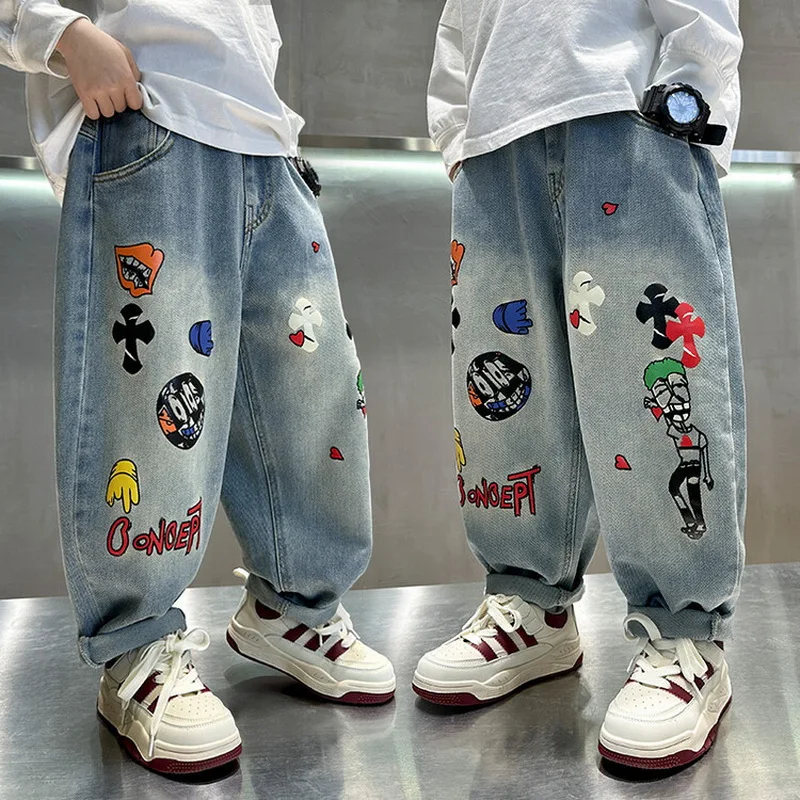 

Spring Kids Retro Blue Jeans with Cartoon Print For Boys Casual Loose Straight Fit Denim Pants Child High Waist Jeans Trousers