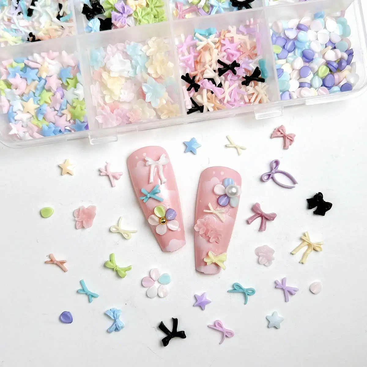 12 شبكة/صندوق الدوبامين اللون شريط راتينج صغير القوس مسمار الفن الديكور الكرتون بتلات ستار مسمار السحر مانيكير DIY بها بنفسك اكسسوارات