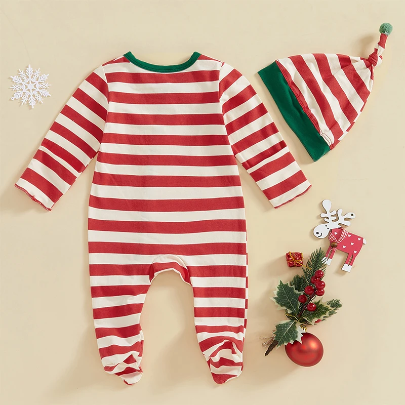 0-24M Baby Boy Christmas Romper Casual Striped Print Button Long Sleeve Jumpsuit with Hat for Infant Toddler Fall Outfit