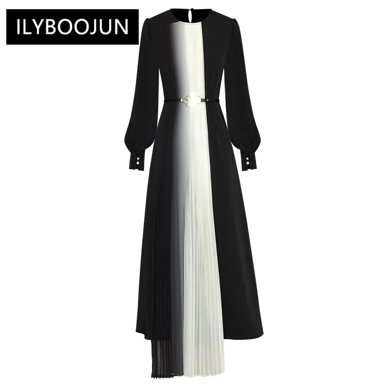 

Spring Loose O-Neck Lantern Sleeve Pleated Patchwork Belt Party Long Dresses For Women 2023 Runway Luxury Designer High Quality
