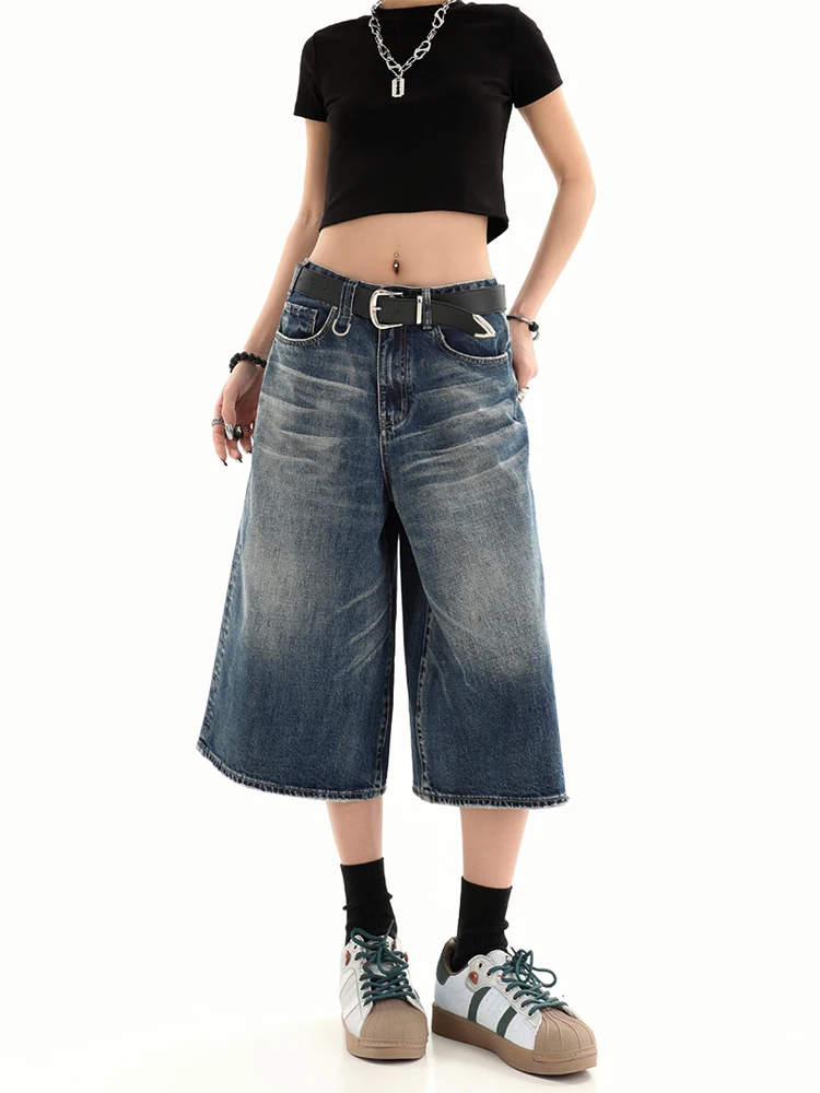 Retro Blue Knee Length Denim Shorts for Women Casual Bermuda Jeans Loose Wide Leg Pants Trendy Streetwear Summer Y2k 2024