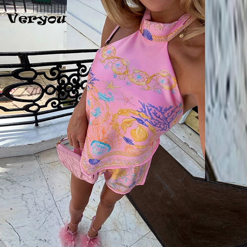 

Сексуальный жилет с лямкой на шее и принтом, топ и шорты, женский комплект из двух предметов для летнего пляжного отдыха, рубашка без рукавов с принтом, наряды