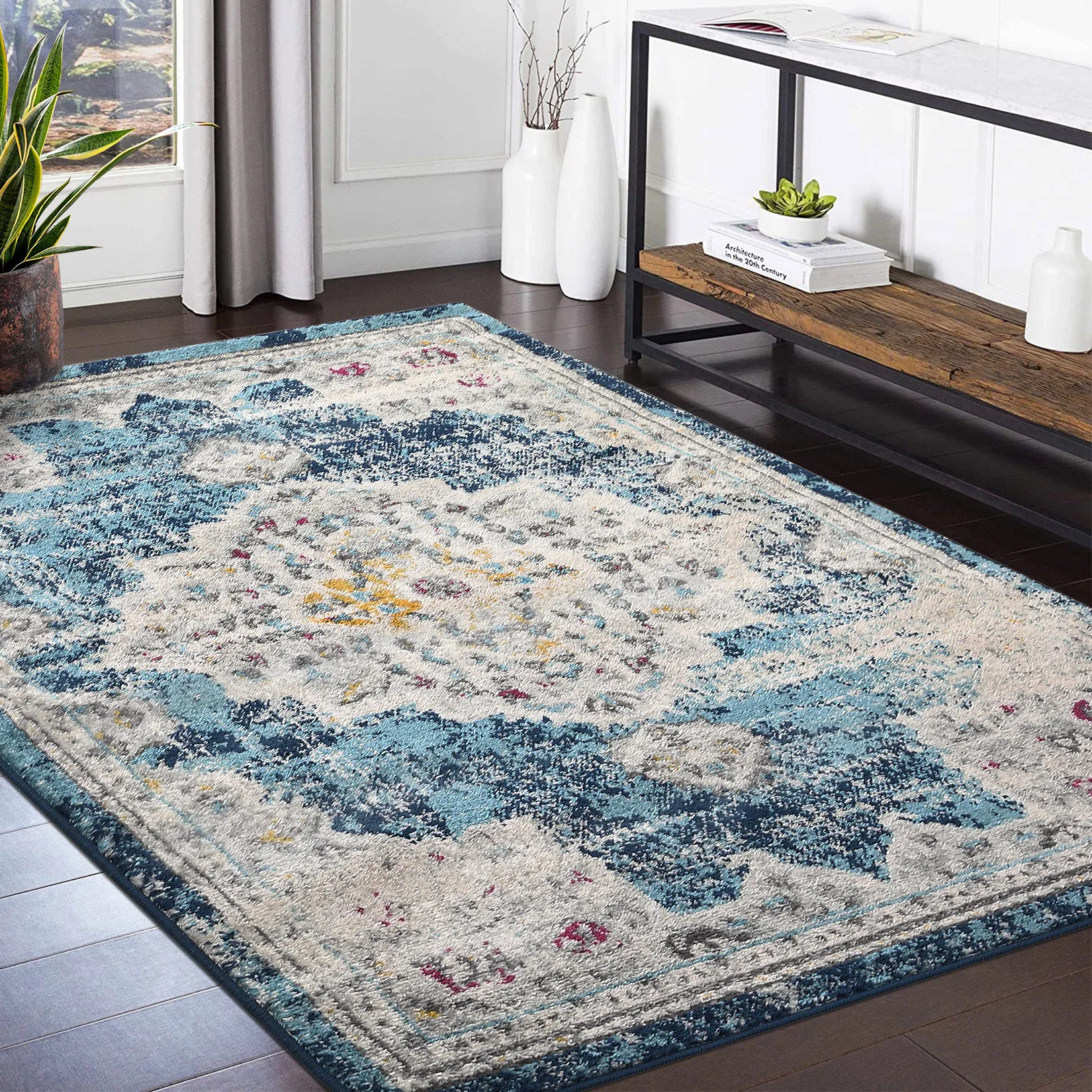 Area Rug 7x10 Non Slip Vintage Medallion Rug for Living Room Low Pile Non Shedding Easy to Care Large Area Rug Stain Resistant