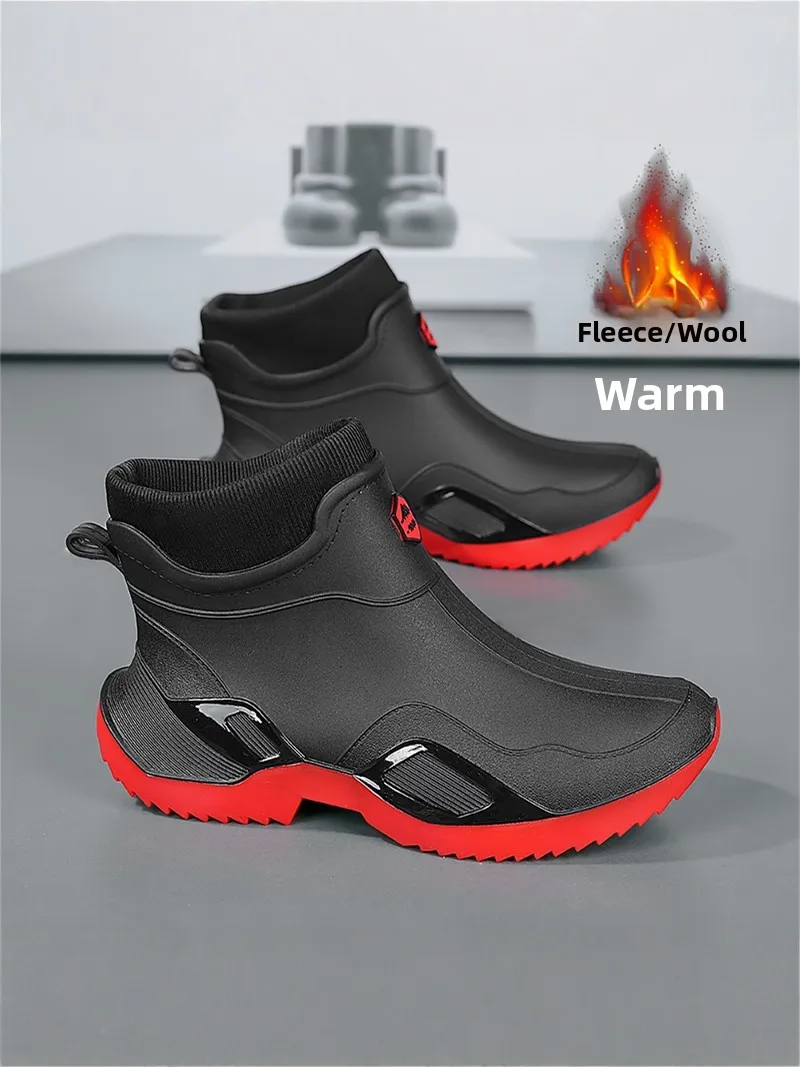 Men's Winter Fleece Lined Rain Boots Waterproof Non Slip Kitchen Work Warm Cotton Shoes Delivery Rider Black Rain Shoes