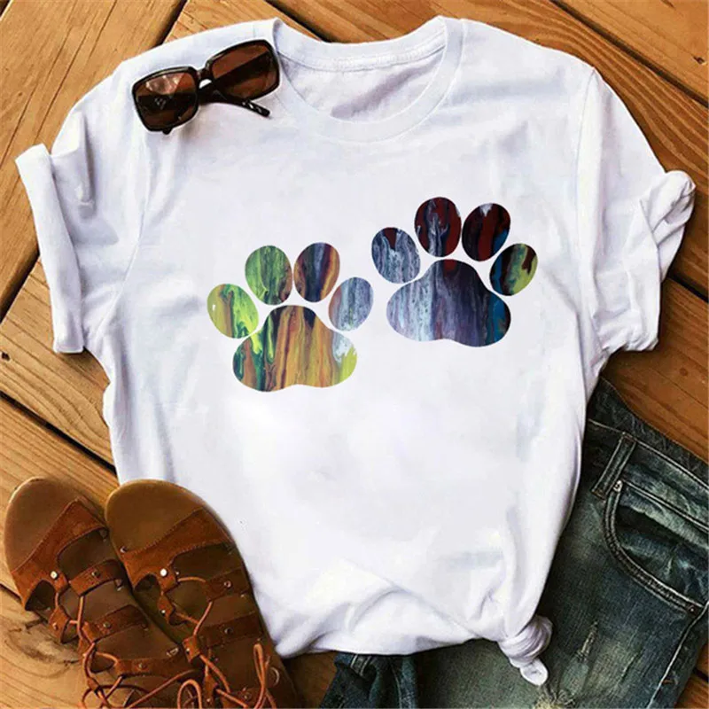 T-shirt grafiche da donna con scollo tondo stampato serie artigli animali a maniche corte