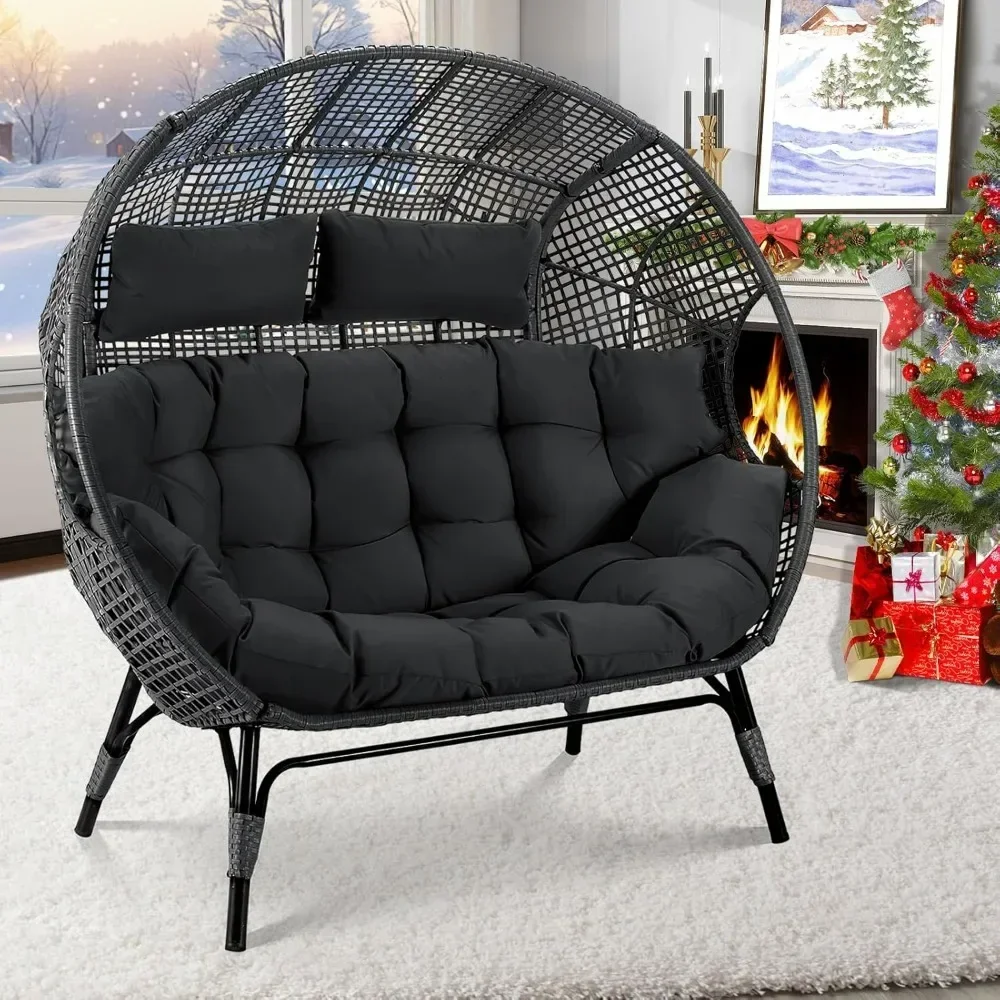 

Double Egg Chair with Ottomans Outdoor Wicker Patio Egg Chairs with Footrests for Indoor Bedroom Outside Porch Deck Backyard