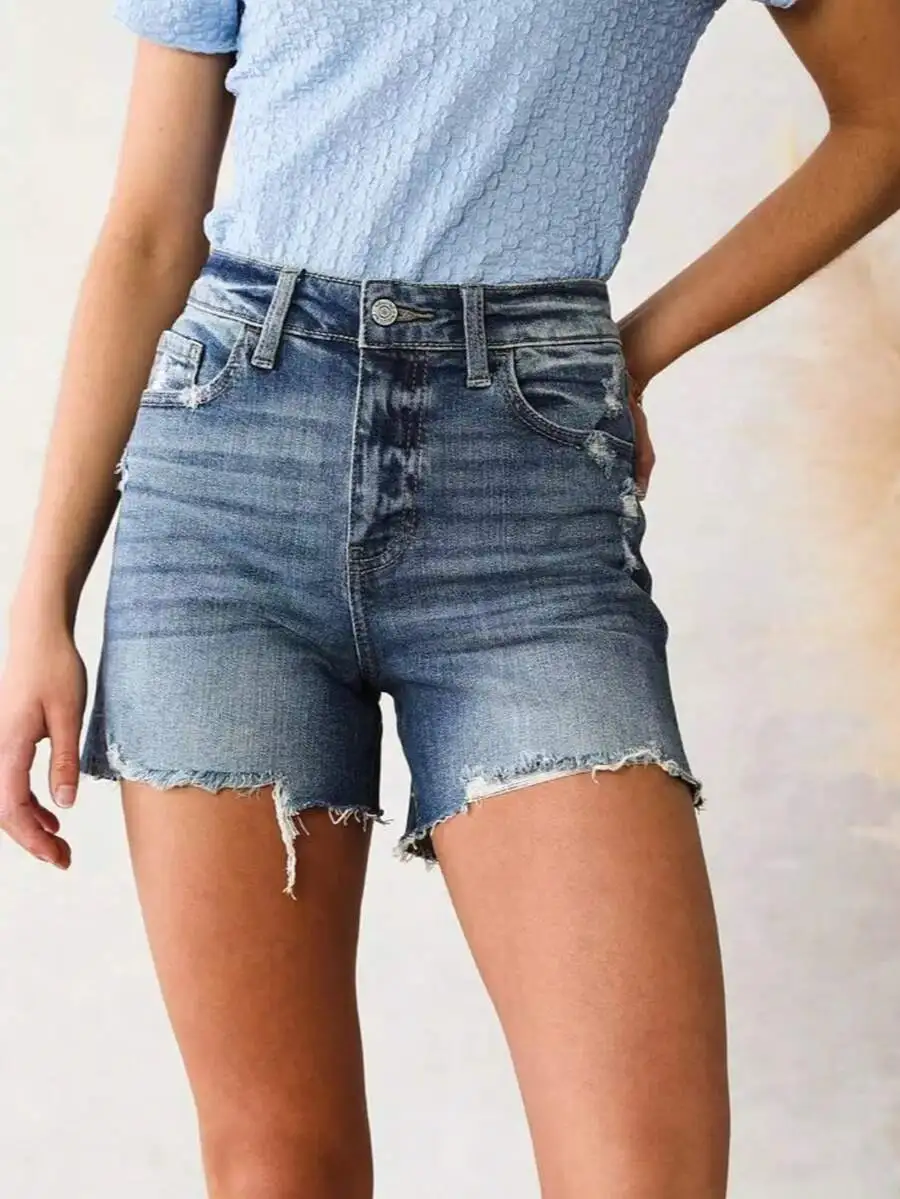Womens High Stretch Denim Shorts With Pockets Straight Leg Casual