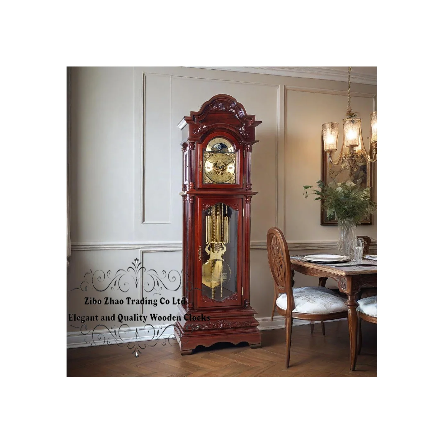 

Antique Style Mechanical Grandfather Basswood Floor Clock With All-glass Design Black Back Panel French Country Hourly Chiming
