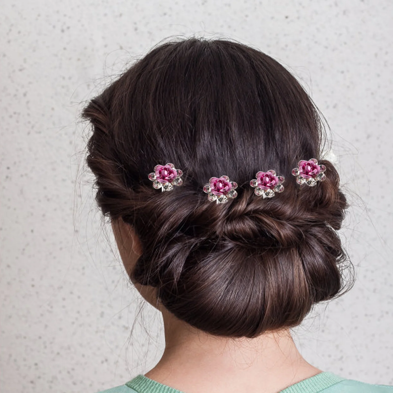 

20 PCS Clips for Hair Rhinestone Rose Flower Wedding Pins U Shaped Bridal Hairpin Tassel Pink Bride