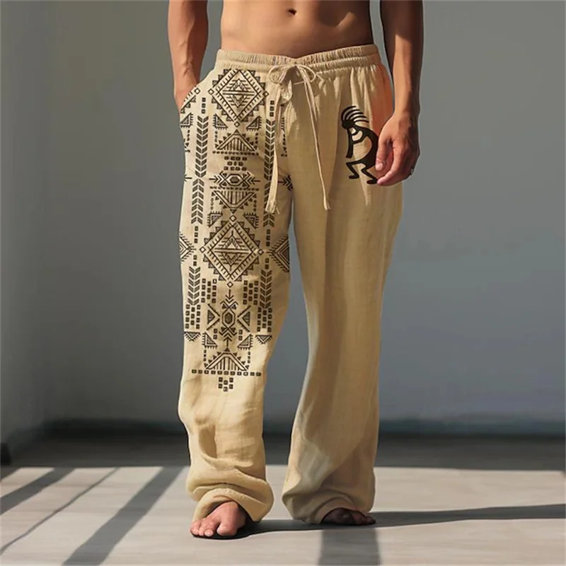 

Мужские повседневные брюки с ретро-принтом, дышащие широкие брюки свободного кроя, стильная уличная уличная одежда, удобные брюки на шнурке