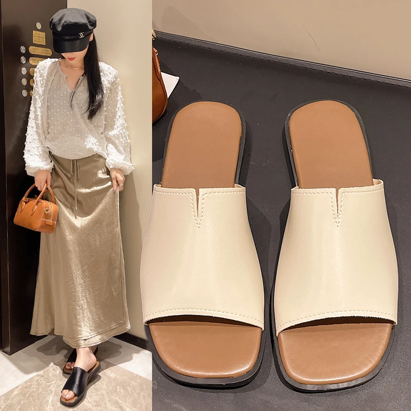 Minimalist PU Leather Women Slides Soft Flat Sole Ladies Daily Walking Slippers For Beach Office Home Wear Multi-color