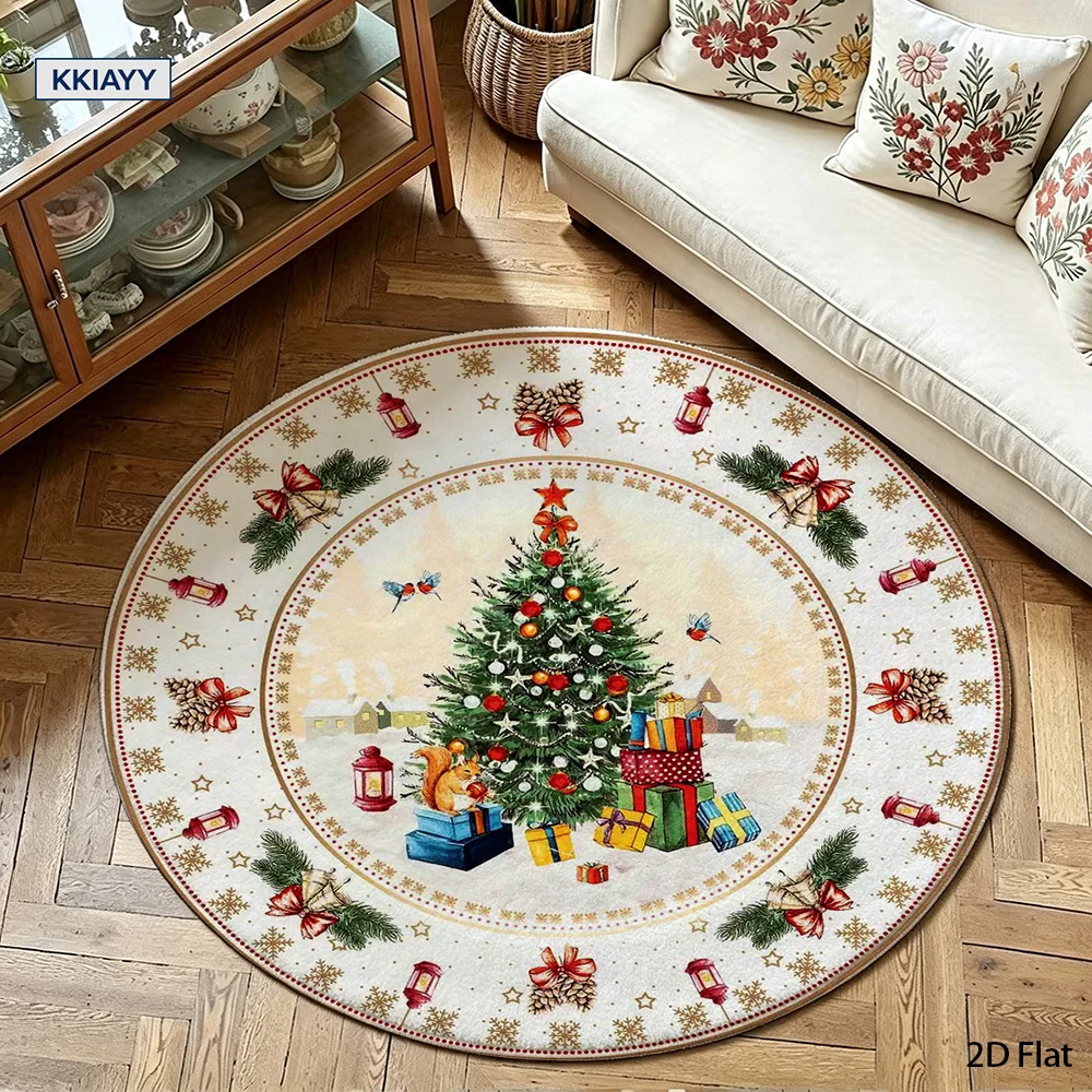 1pc 2D Flat Christmas Tree Squirrel Gift Snow Lantern Vintage Round Rug, Mat for Living Room Bedroom Bathroom, Indoor