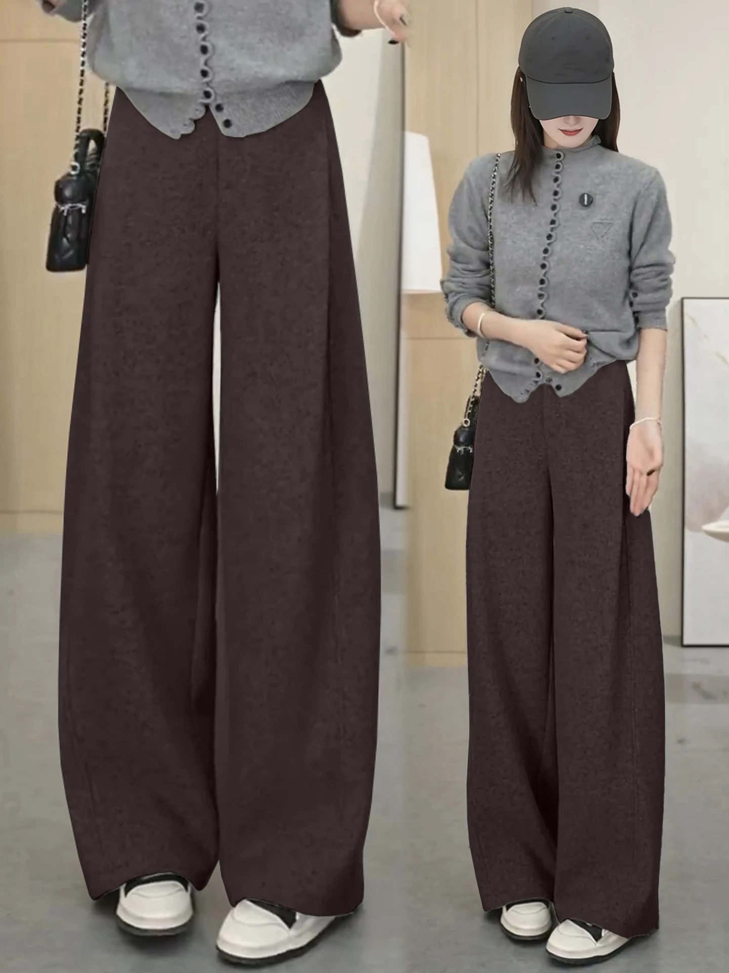 

High Waist Wool Wide Leg Pants Women's Autumn Winter New Style Slimming Fleece Lined Casual Knife Trousers