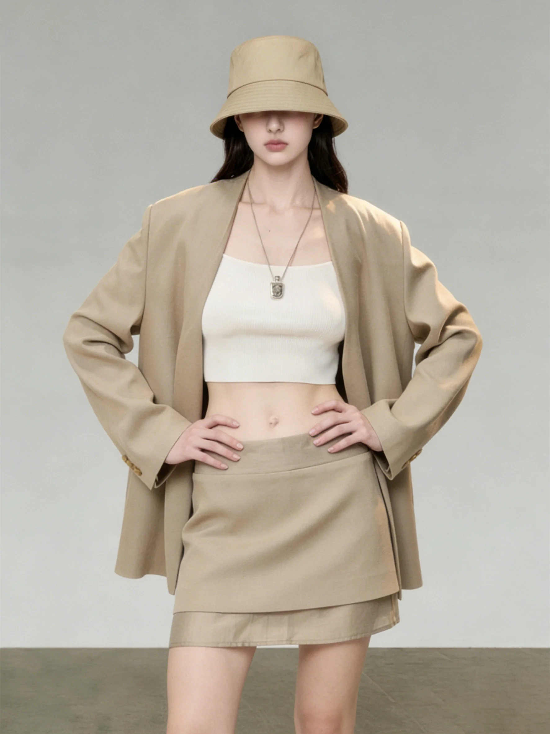 

Khaki Suit Jacket And Skirt Set Women's Fashion Spring 2026 Elegant Old Money Style Complete Outfit Ootd Casual Wear