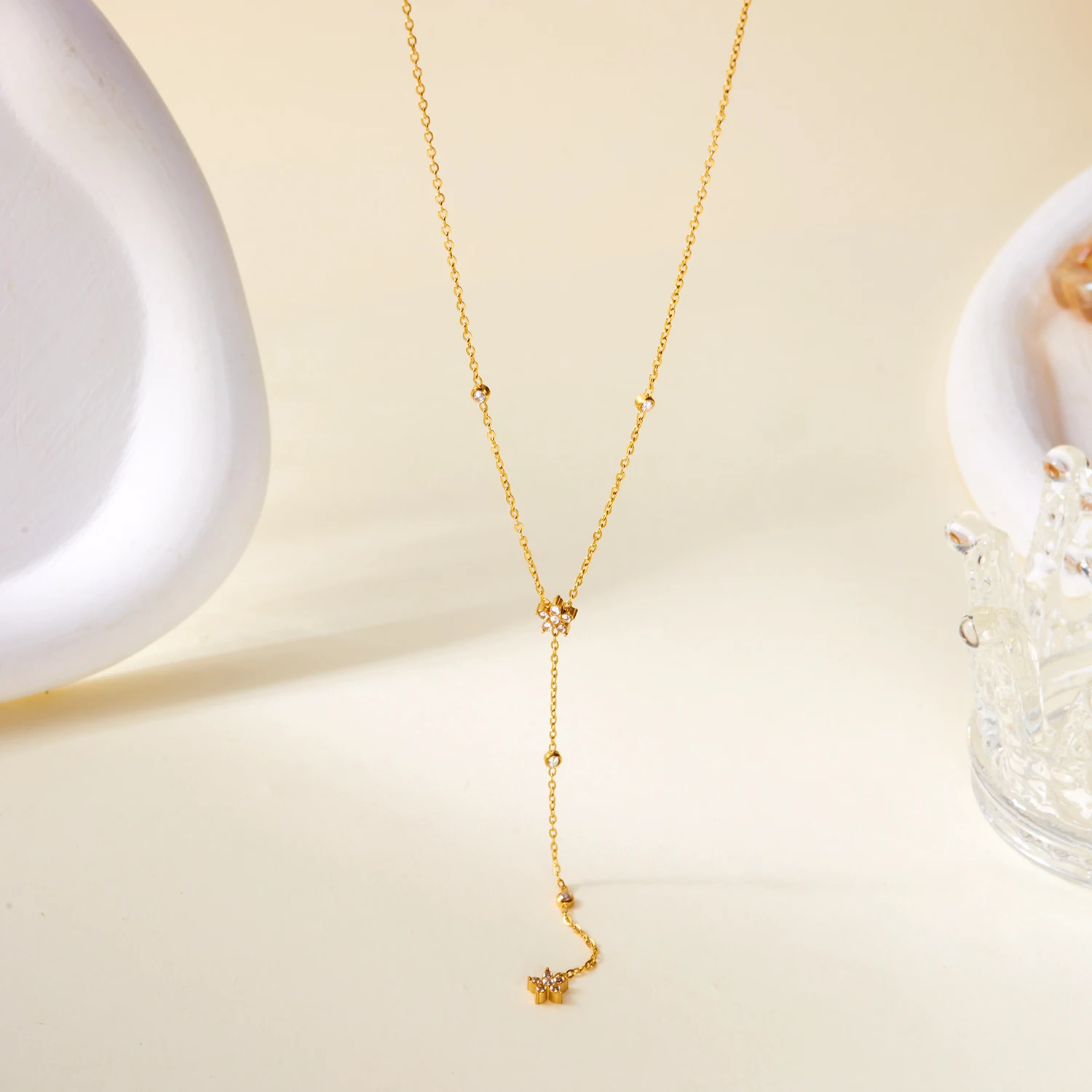 Edelstahl Doppelschichtige Lange Quasten-Ketten-Halsketten für Frauen Einfache Geometrische Kristall-Zirkon-Choker Party-Schmuck Geschenk – Detail 6