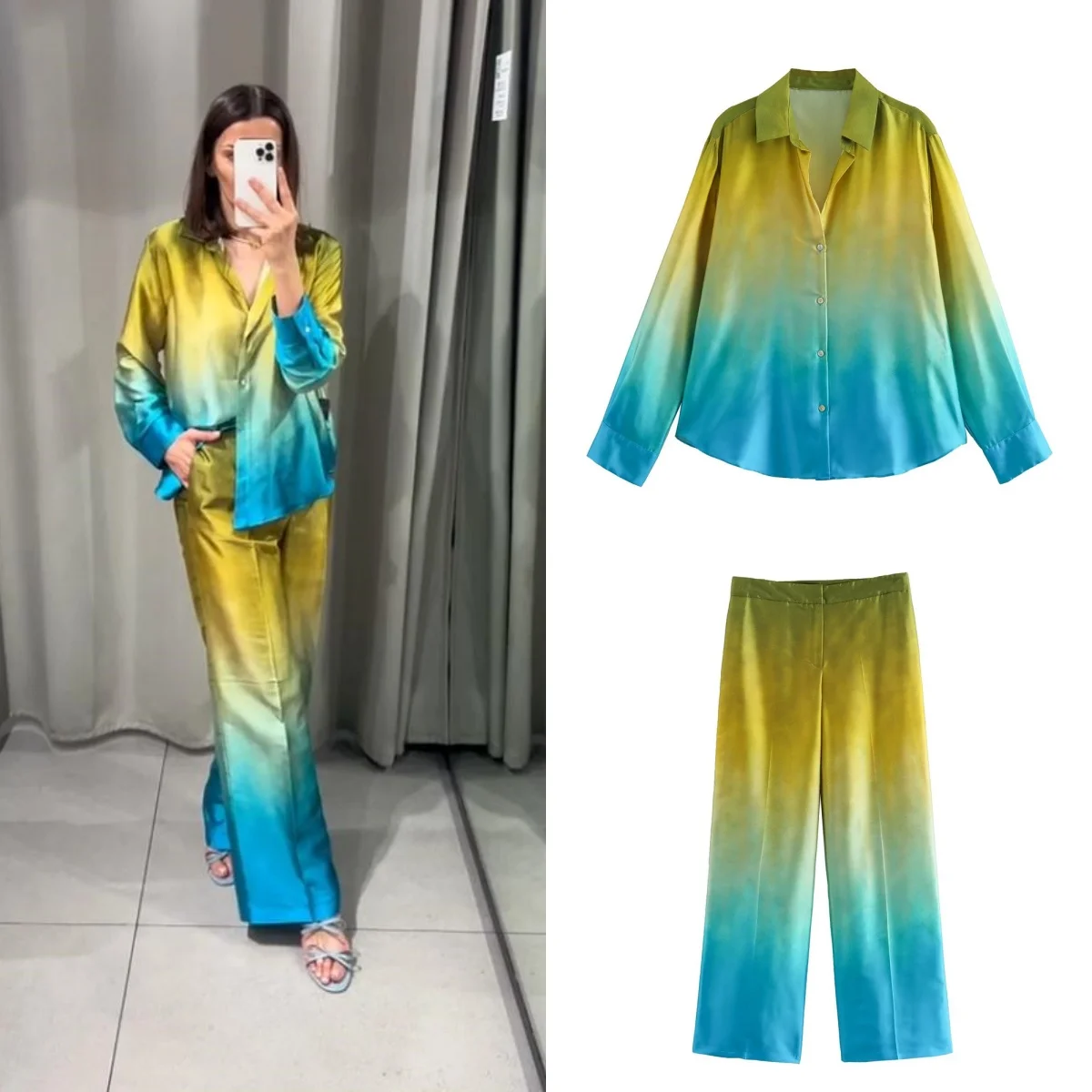 PB&ZA 2024 Women\'s New Fashion Tie Dyed Silk Satin Texture Flip Collar Shirt Straight Leg Casual Pants Set