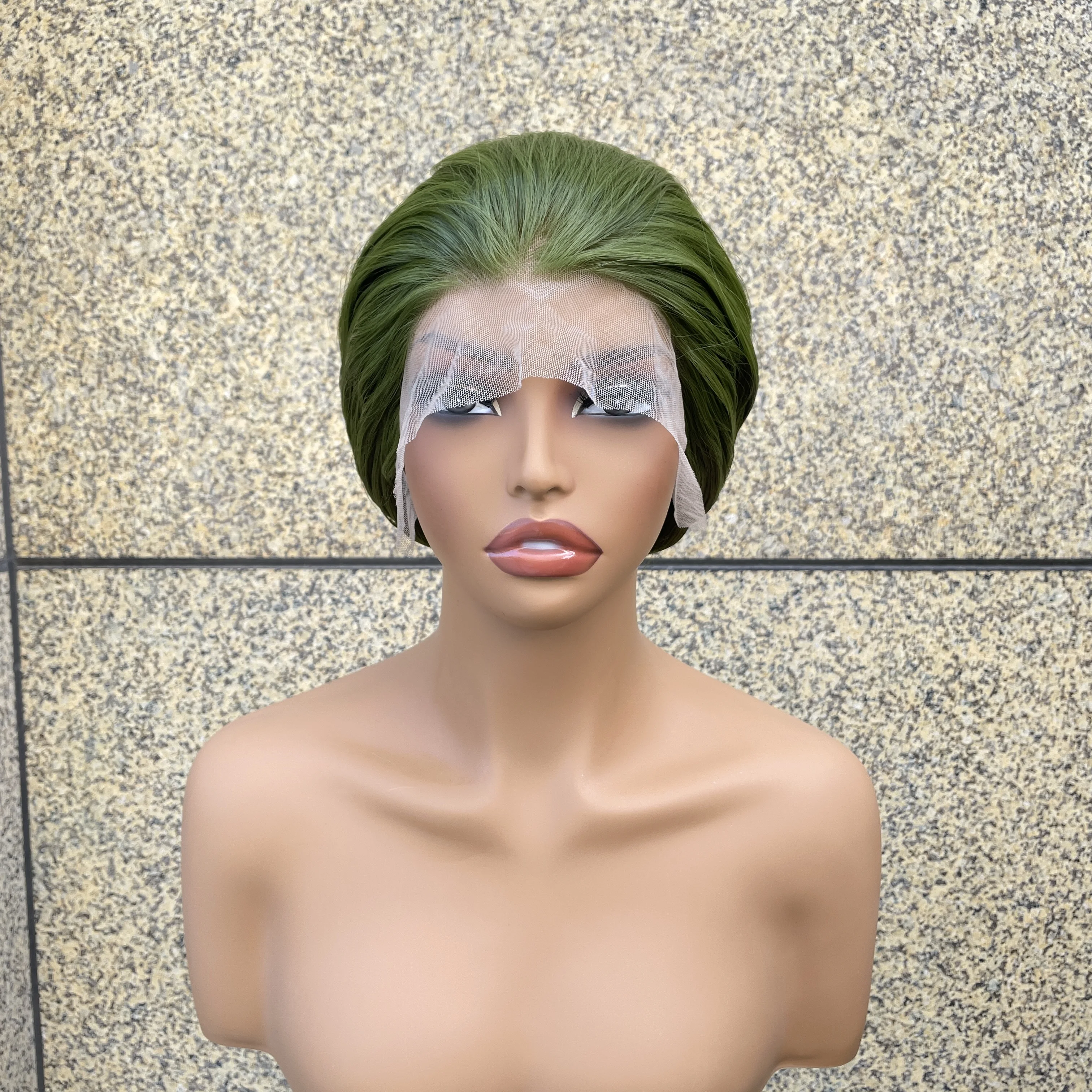 

Травяно-зеленые парики фронта шнурка для мужчин Короткие стрижки боб Синтетические волосы 13x4 Парики фронта шнурка для женщин Свободная часть Натуральная линия волос 150%