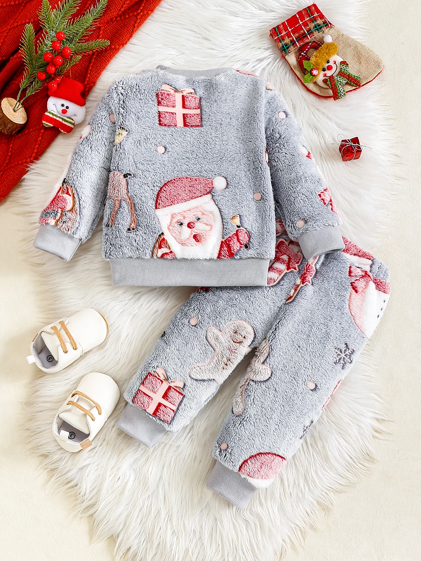 2025 Autumn Winter Baby Toddler Christmas Two Piece Outfit Set 1-3 Years Warm Fleece Santa Snowman Print Long Sleeve Top Pants T