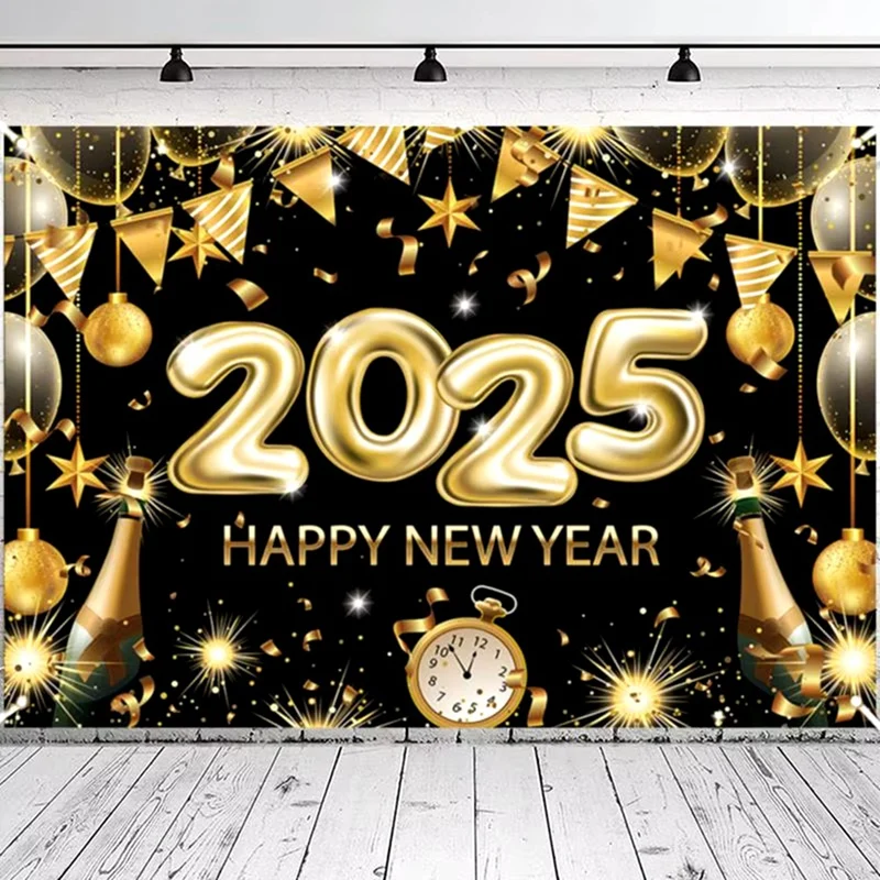 Happy New Year Backdrop 2025 Blackgold Backdrop Happy New Year 6.88 X 4.92Ft Happy New Year Decorations Wall Display