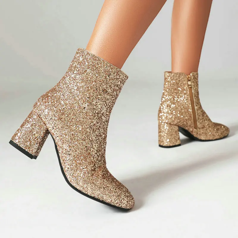 

Big Size 46 47 48 Sequins Bling Bling Glitter Party Wedding Bride Shoes Square Chunky High Heels Women Winter Warm Ankle Boots