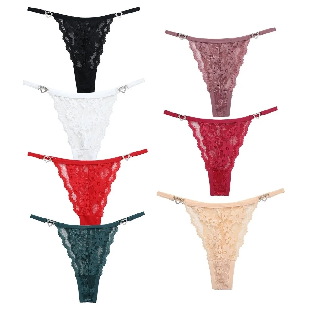 Jacquard Heart Rhinestone Thongs Low Waist Cotton Crotch Lace Flower Bikini Briefs Underpants Traceless T-back Panties