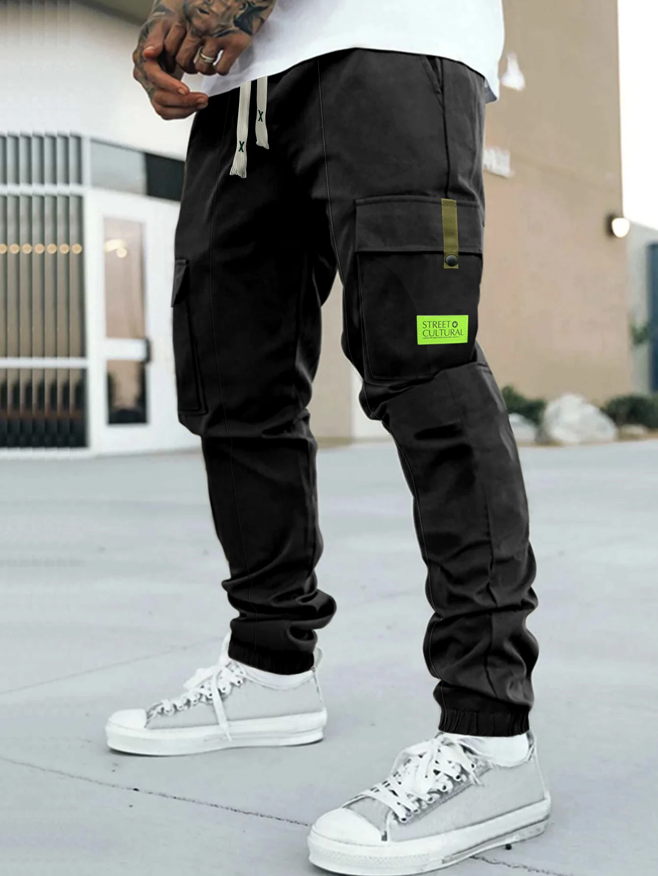

Men's casual solid-color work pants, men's drawstring pants, with pocket prints, suitable for sports and casual wear