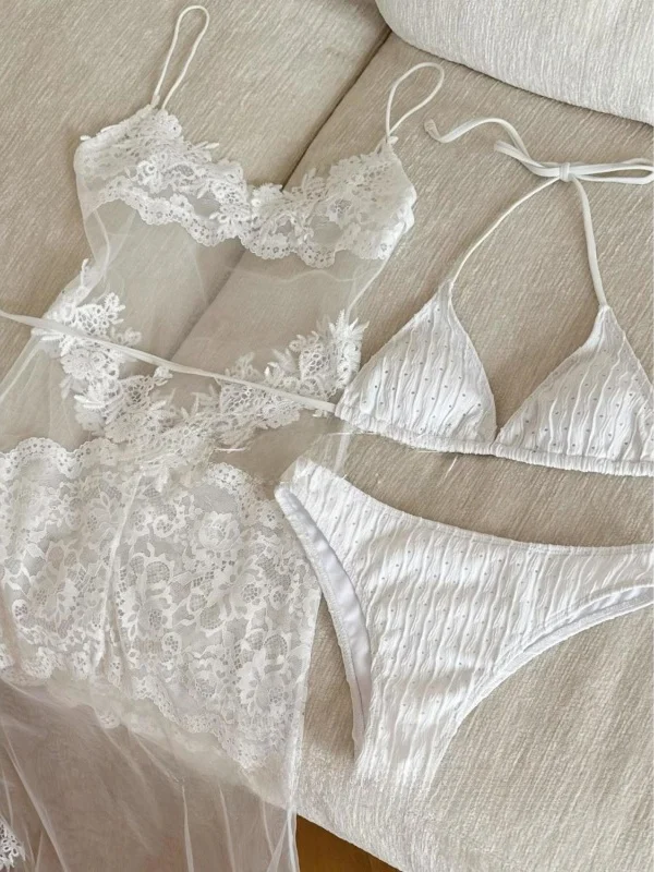 

Sexy Pure Desire Lace Dr Bikini Tee-Piece Set Beach Vaion Wrap around Fi Tail Long Skirt Swimming Suit