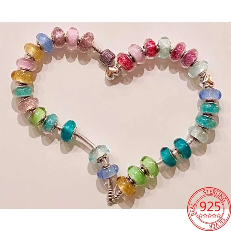 925 Sterling Silver Murano Glass Galaxy Stars Clover Heart Bubbles Shiny Beads Fit Pandora Charms Bracelet DIY Jewelry For Mum