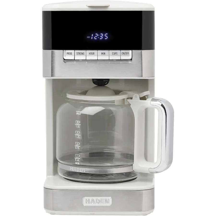 

12-Cup Coffee Maker with 120-Minute Keep Warm Delay Brew Adjustable Strength Programmable Clock Anti-Drip Ivory/Chrome