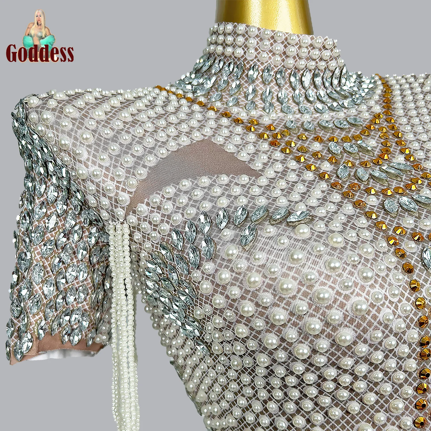 

White Pearls Chains Leotard Bar Nightclub Dance Outfit Singer Dancer Stage Wear Performance Costume Birthday Party Sexy Bodysuit