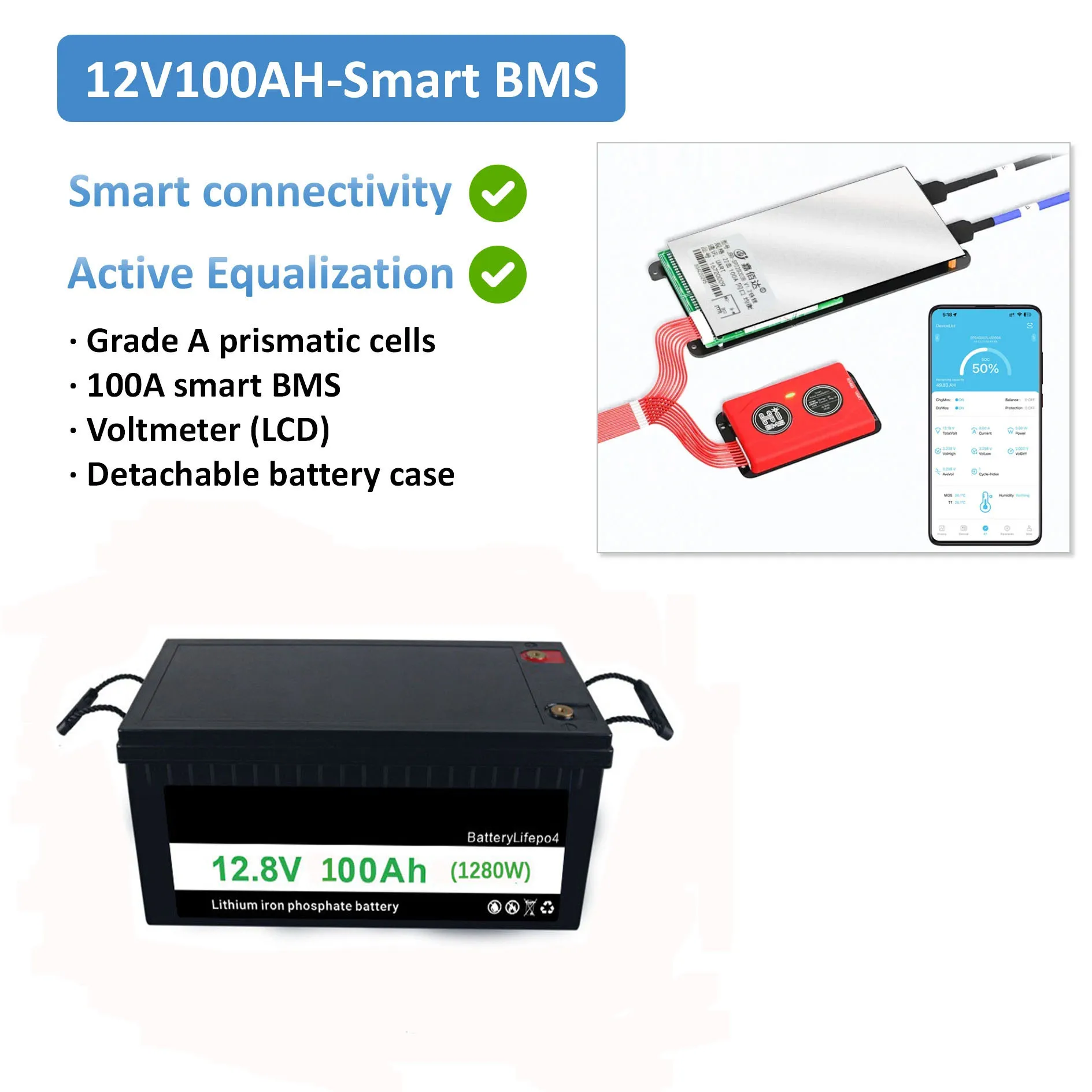 Solar battery pack 12V 100Ah LiFePO4 Battery with Smart BMS 6000+Cycles for Boats household energy storage system RV System