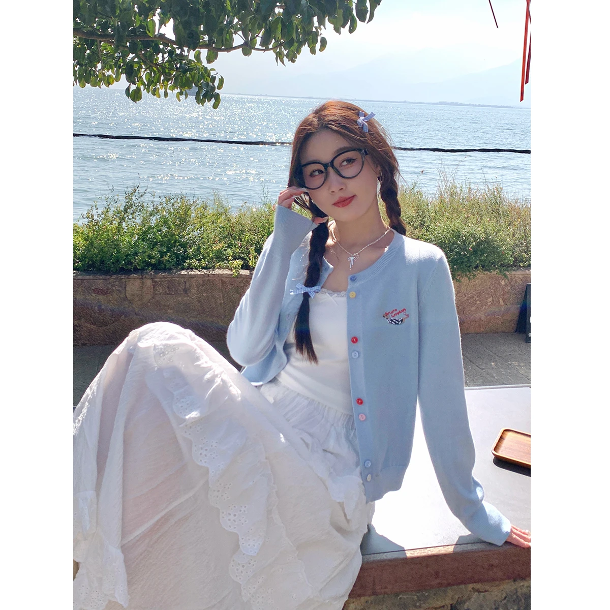 

Cardigans Homewear Sweaters Womens Summer Spliced Mock-Two-Pieces Holes Mid-Sleeve Buffalo-Check Hoody Ropas Ruffled Slim-Fit OL