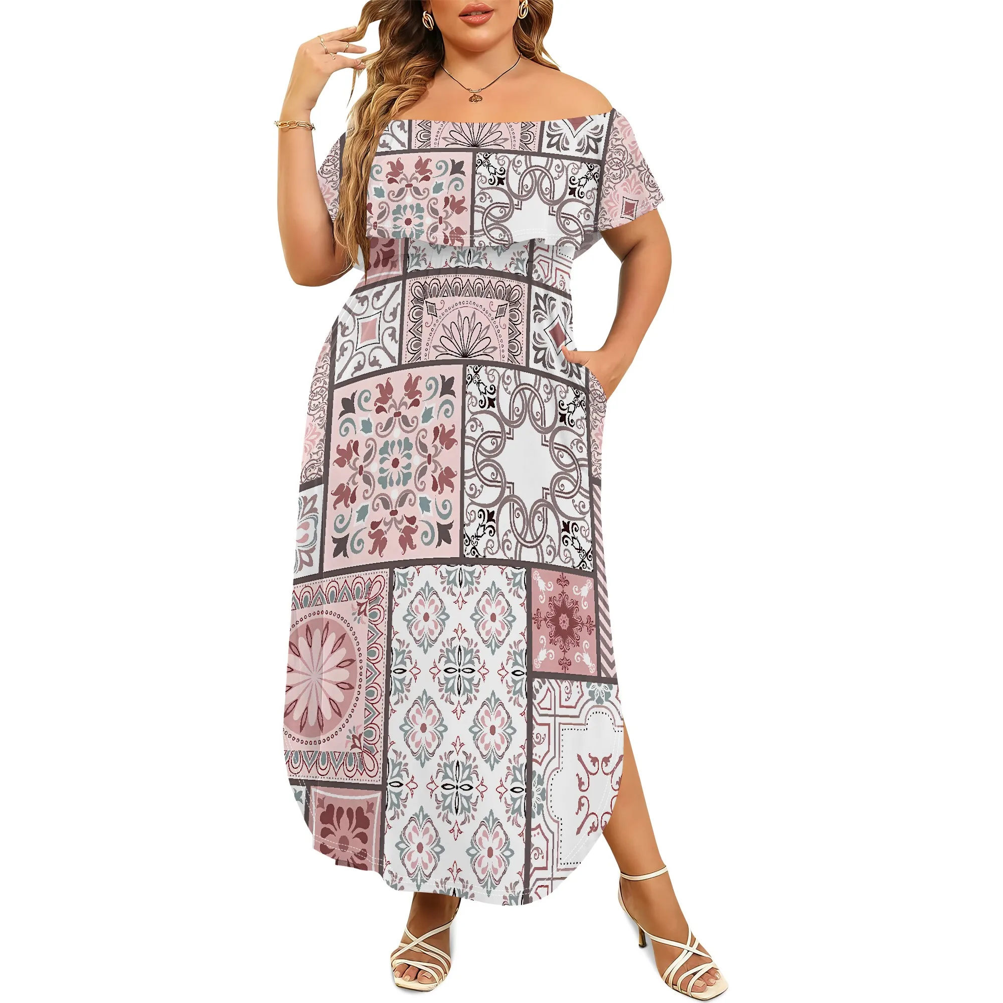 EQQZD Modern Patchwork Pattern Print Maxi Dress with Pockets, Plus Size Stylish Casual Slit-Side Dress for Women