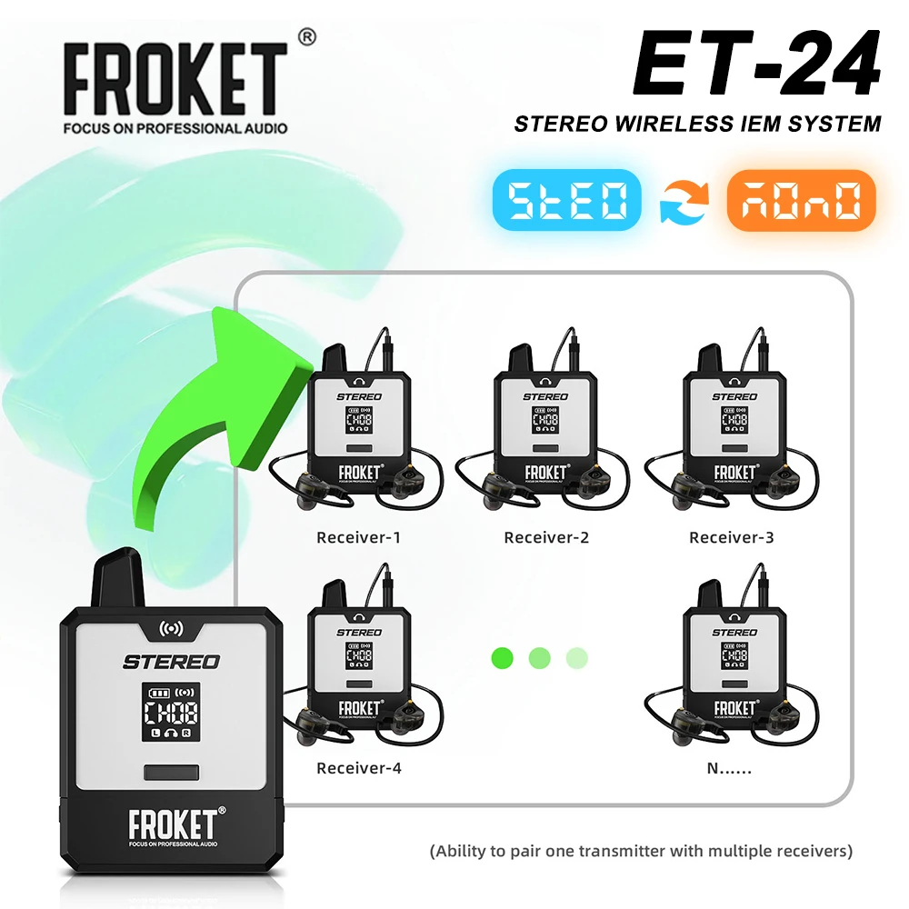 

ET-24 Stereo Wireless In-Ear Monitor System,Transmission Distance 30m-50m,2.4G Digital,Multi-Channel Switching for Churches