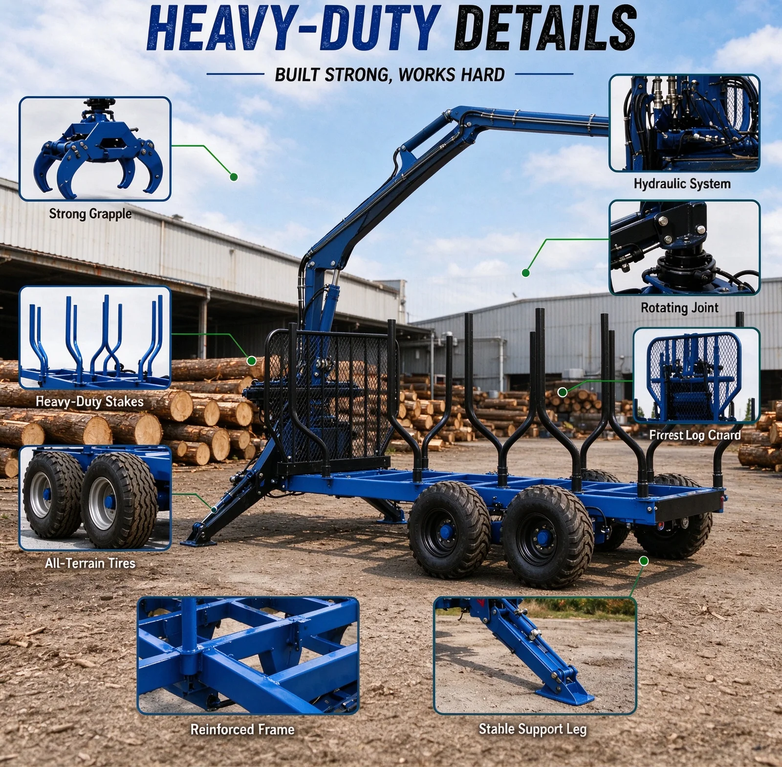 Log Trailer with Hydraulic Crane Grapple Timber Hauler with Power Pack for ATV UTV Forest Logging Firewood Transport
