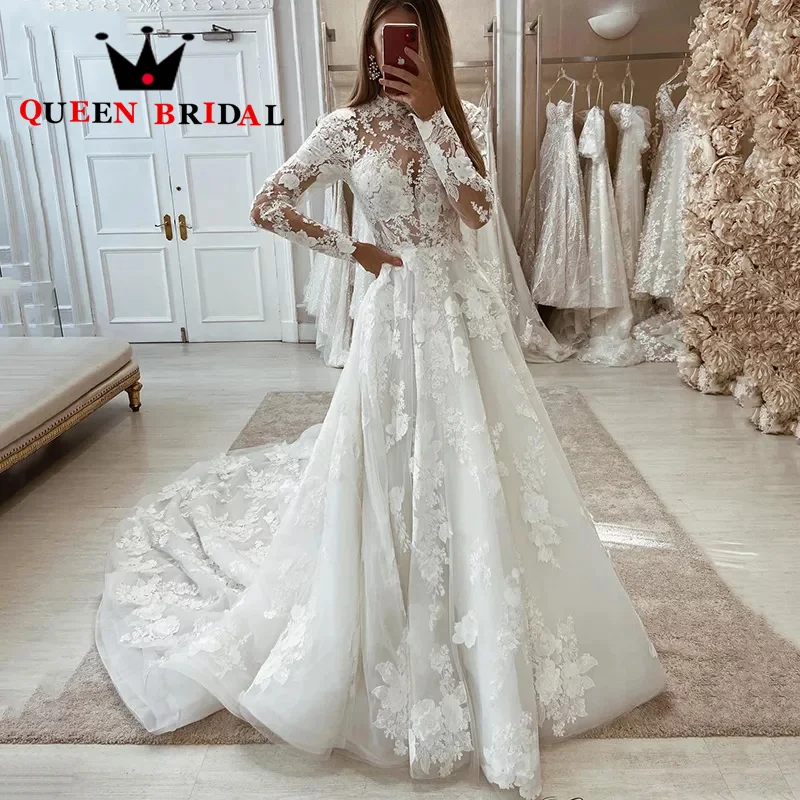 O Neck A Line Wedding Dresses Long Sleeve Elegant Lace Appliques Floor Length Women Bridal Gowns Robe De Mariée Custom S64X