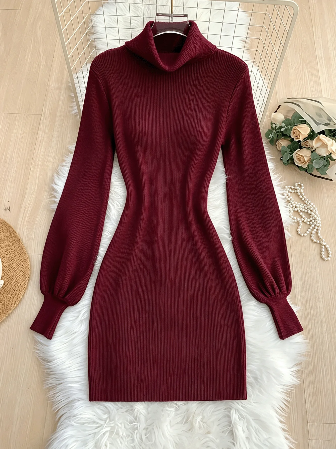 Bodycon Long Sleeve Ribbed Dress - Gaun Bodycon Rajut Bergaris untuk Wanita,