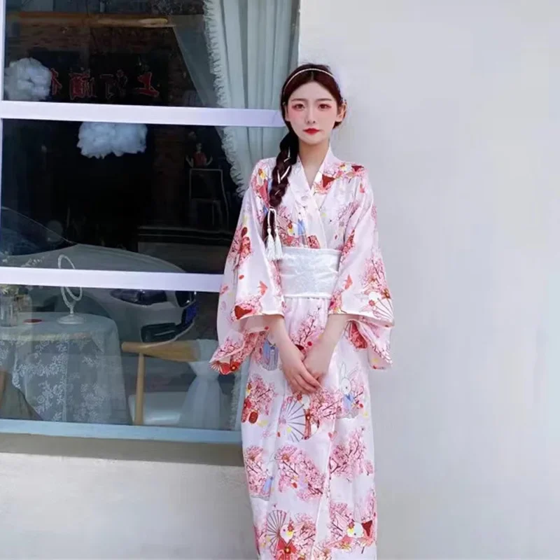 Kimono for Women Japanese Traditional Yukata Haori with White Obi Printed Photography Dress Stage Performing Long Robe Costume